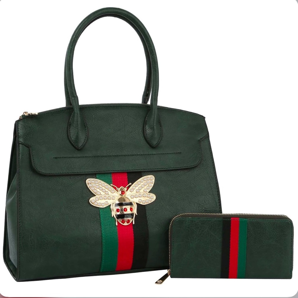 Green Satchel with Striped Design and Bee Embellishment